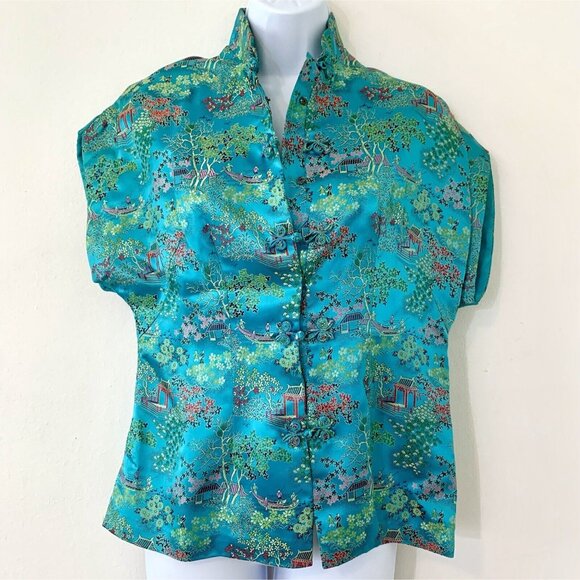 Vtg PEONY Brand Kimono Jacket Turquoise Floral Embroidery S/S Shirt Women SZ S - Picture 1 of 4